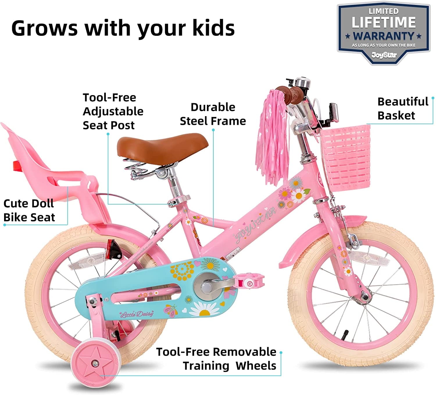 Little Daisy 12 Inch Kids Bike for 2 3 4 Years Girls with Training Wheels Princess Kids Bicycle with Basket Bike Streamers Toddler Cycle Bikes Pink