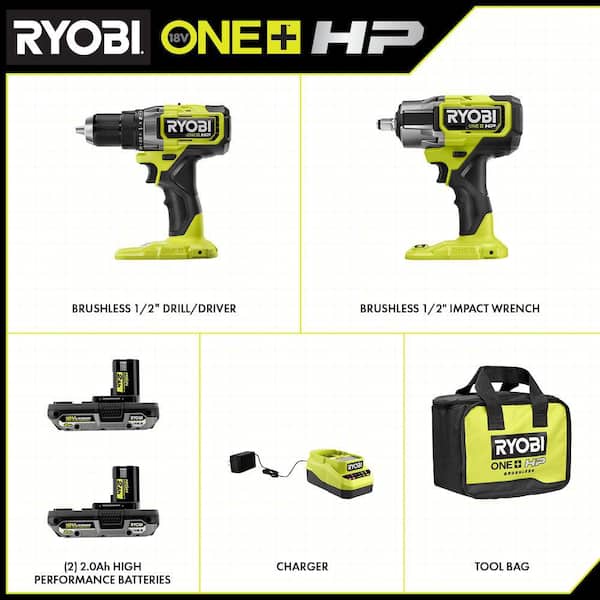 ONE+ HP 18V Brushless Cordless 2-Tool Combo Kit with Drill/Driver. Impact Wrench. Batteries. Charger. and Bag