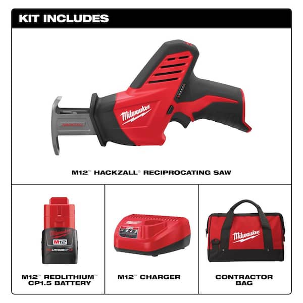 M12 12V Lithium-Ion HACKZALL Cordless Reciprocating Saw Kit with One 1.5Ah Battery. Charger and Tool Bag