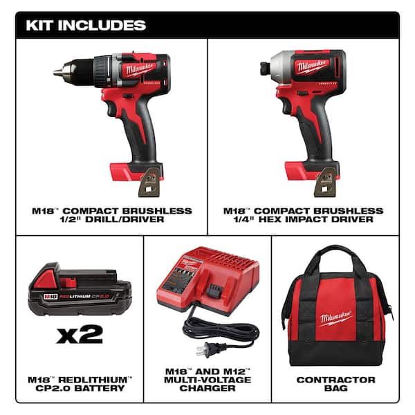 M18 18V Lithium-Ion Brushless Cordless Compact Drill/Impact Combo Kit (2-Tool) W/ SHOCKWAVEBit Set (45-Piece)