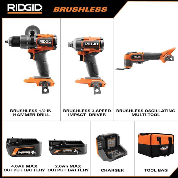 18V Brushless Cordless 3-Tool Combo Kit w/ Hammer Drill. Impact Driver. Oscillating Multi-Tool. Batteries. Charger & Bag