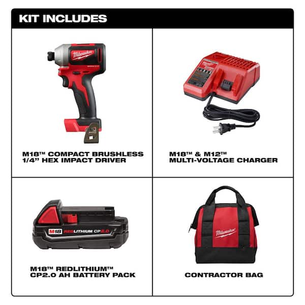 M18 18V Lithium-Ion Compact Brushless Cordless 1/4 in. Impact Driver Kit W/ (1) 2.0 Ah Battery. Charger & Tool Bag