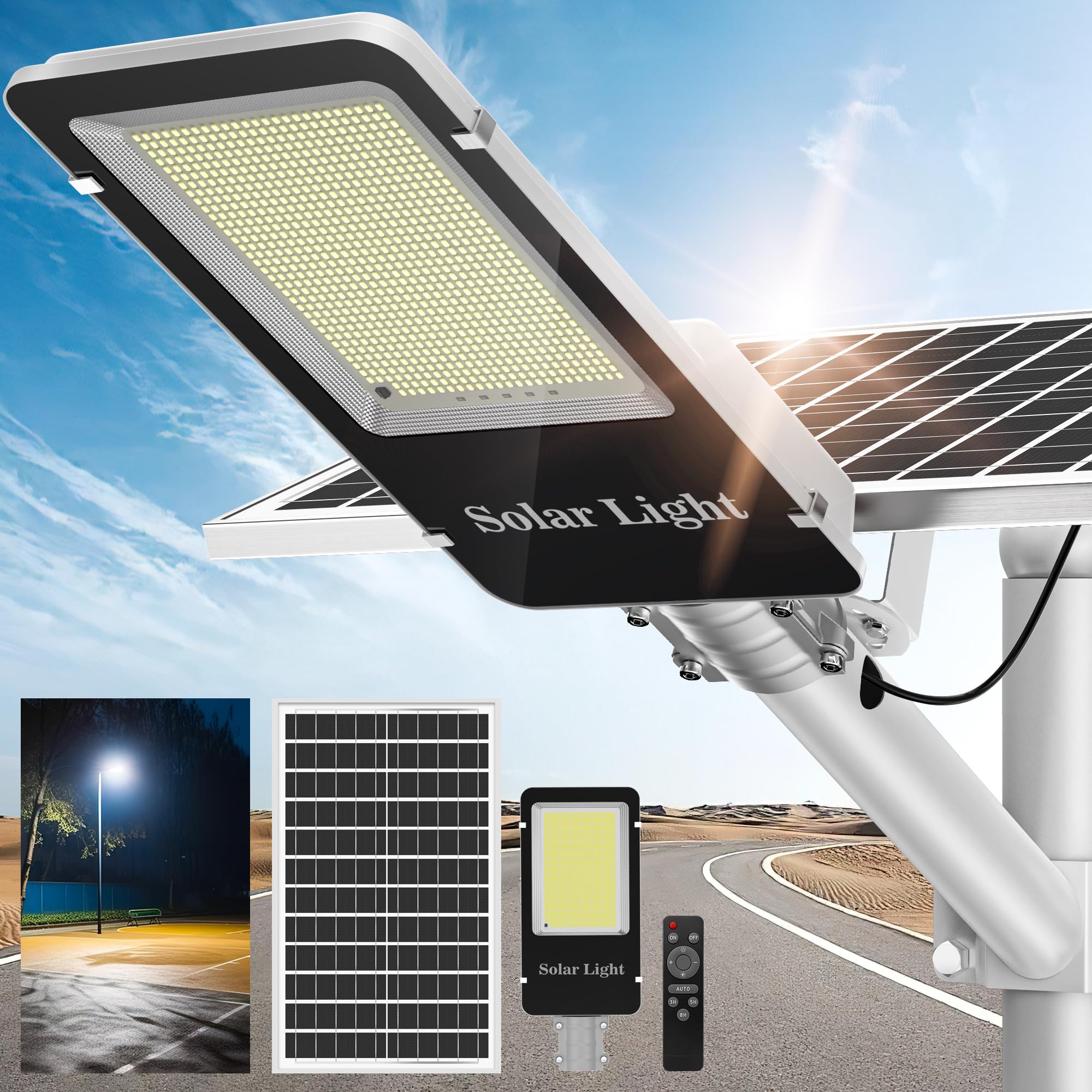 5000W Solar Street Lights Outdoor - 7000K Solar Lights Outdoor Dusk to Dawn, High Brightness Wide Angle Street Lights Solar Powered, Remote Control IP66 Waterproof Solar Parking Lot Lights