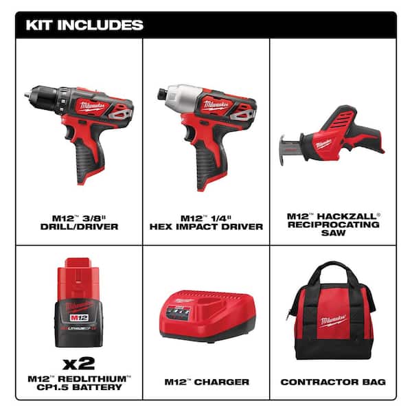 M12 12V Lithium-Ion Cordless Combo Tool Kit (3-Tool) w/(2) 1.5Ah Batteries. (1) Charger. (1) Tool Bag