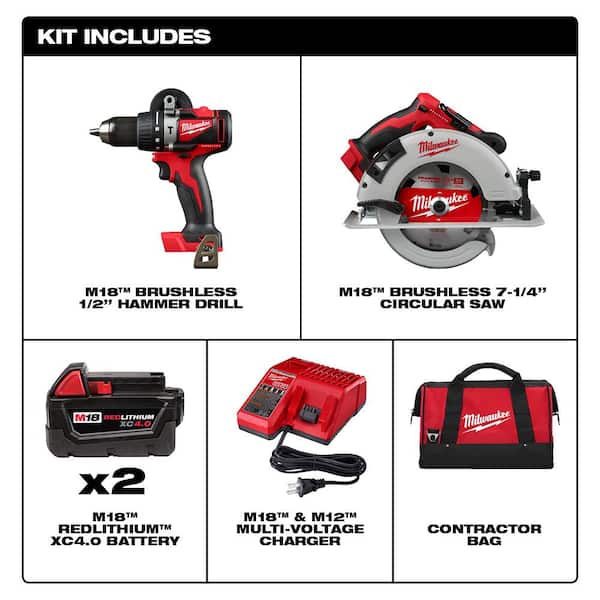 M18 18V Lithium-Ion Brushless Cordless Hammer Drill and Circular Saw Combo Kit (2-Tool) with Two 4.0 Ah Batteries
