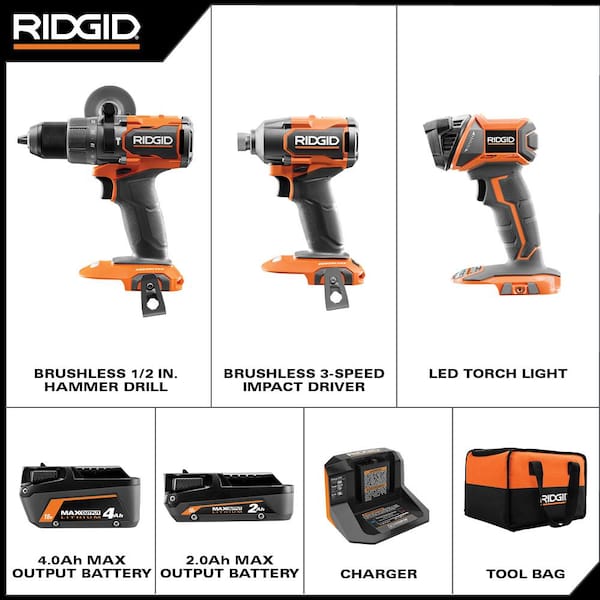 18V Brushless Cordless 3-Tool Combo Kit with Hammer Drill. Impact Driver. LED Torch Light. (2) Batteries. Charger & Bag