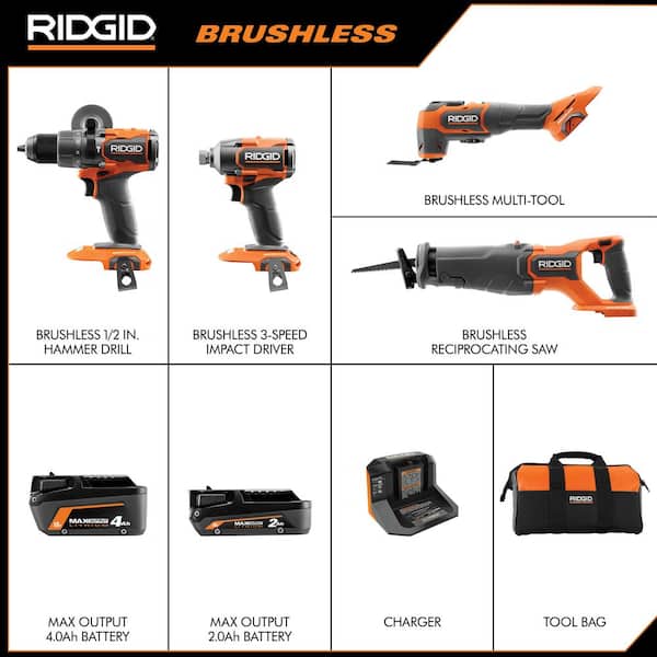 18V Brushless Cordless 4-Tool Combo Kit with (1) 4.0 Ah and (1) 2.0 Ah MAX Output Batteries. 18V Charger. and Tool Bag