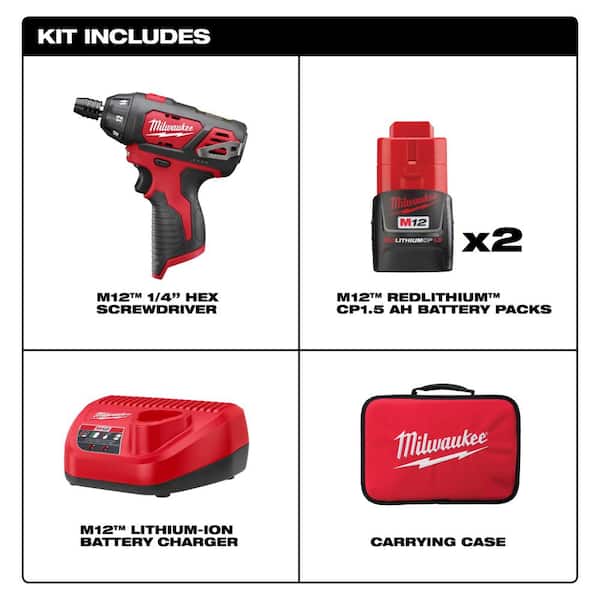 M12 12V Lithium-Ion Cordless 1/4 in. Hex Screwdriver Kit with Two 1.5Ah Batteries. Charger and Tool Bag