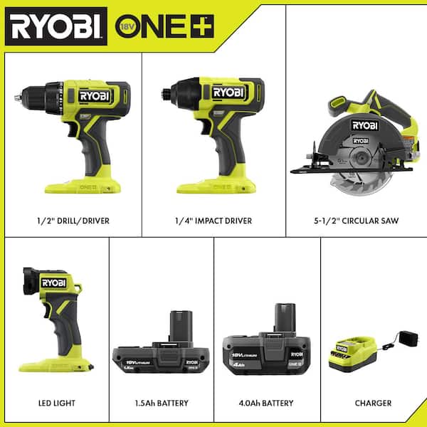 ONE+ 18V Cordless 4-Tool Combo Kit with 1.5 Ah Battery. 4.0 Ah Battery. and Charger