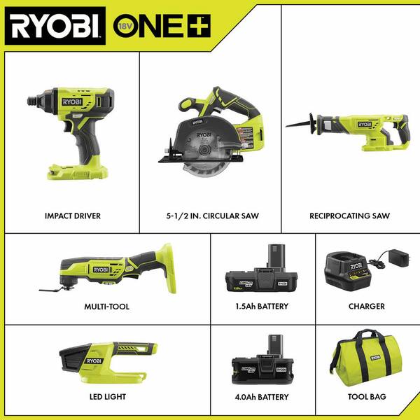 ONE+ 18V Cordless 5-Tool Combo Kit with One 4.0 Ah Battery. One 1.5 Ah Battery. 18V Charger. and Bag
