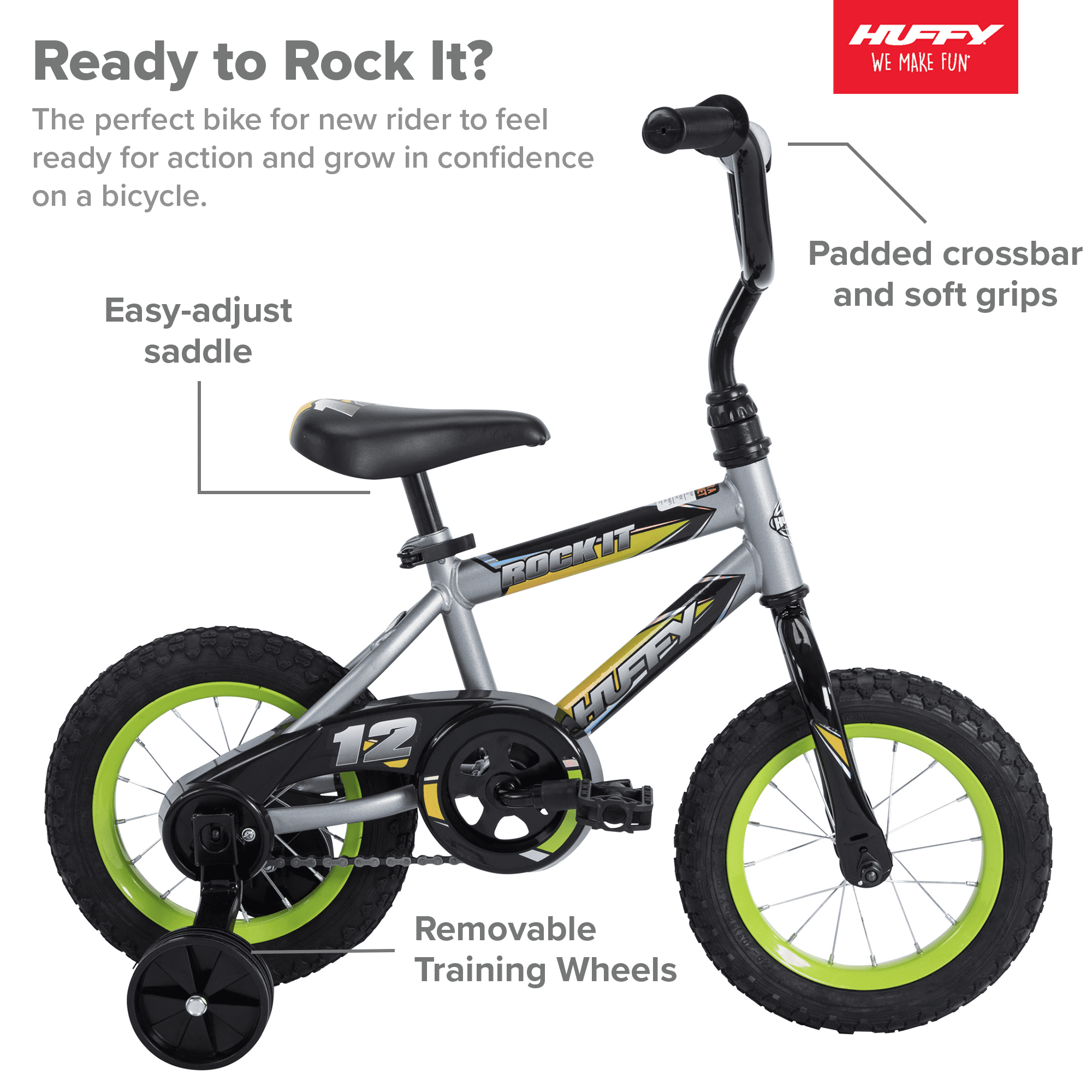 12 in. Rock It Boy Kids Bike. Grey Matte and Lime