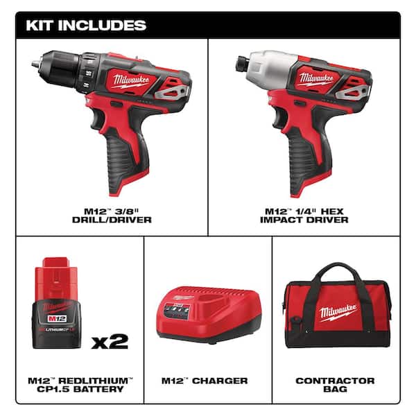 M12 12V Lithium-Ion Cordless Drill Driver/Impact Driver Combo Kit w/ Two 1.5Ah Batteries. Charger Tool Bag (2-Tool)
