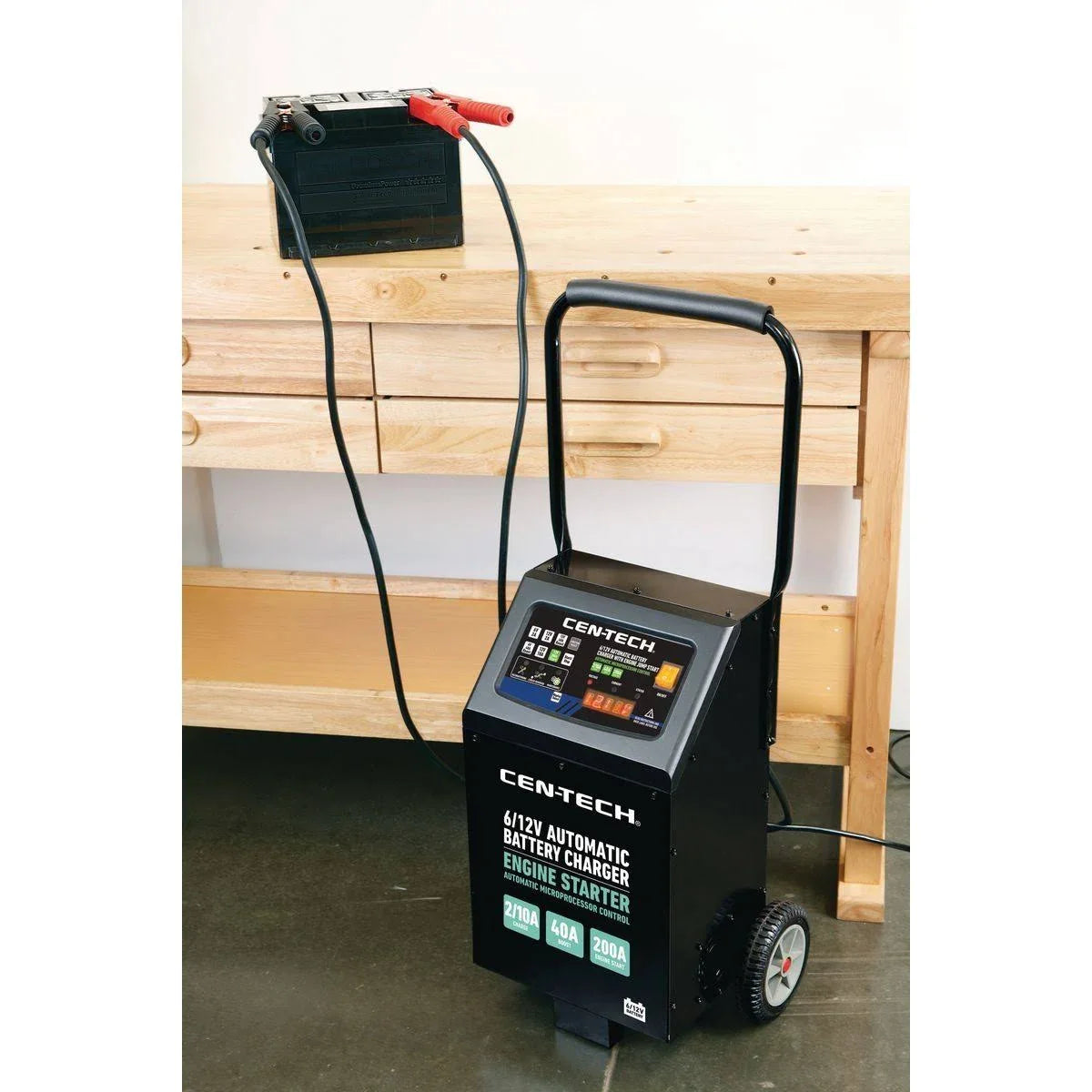 2/10/40/200A 6/12V Automatic Battery Charger on Wheels with Engine Jump and LED - MadeInUSA