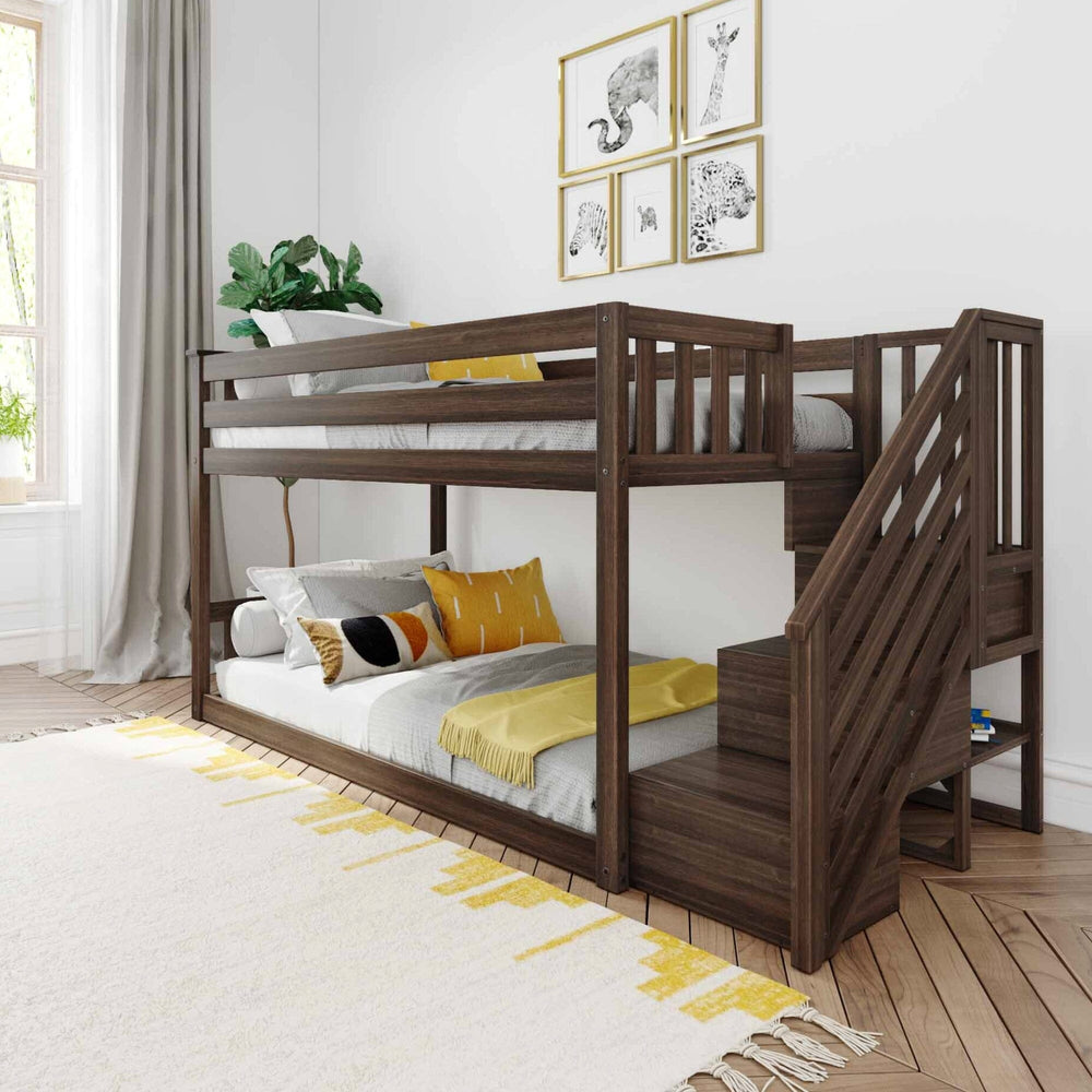Max and Lily Twin Over Twin Low Bunk Bed with Staircase - Pecan - MadeInUSA