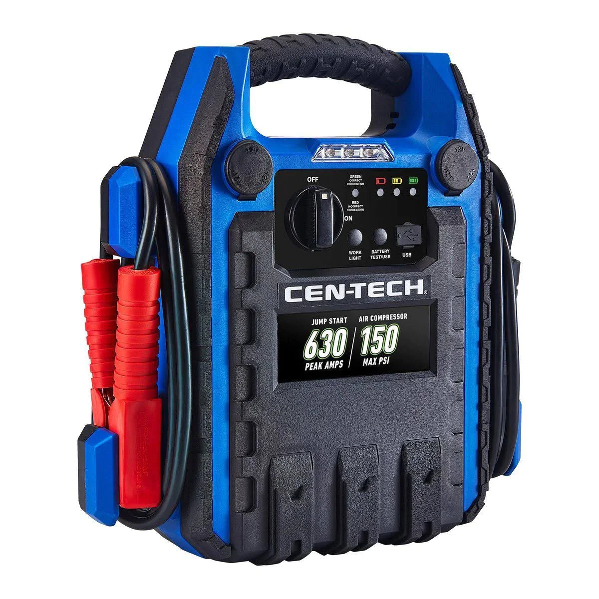 Cen-Tech 630 Peak Amp Portable Car Battery Jump Starter and Power Pack with 150 PSI Air Compressor - MadeInUSA
