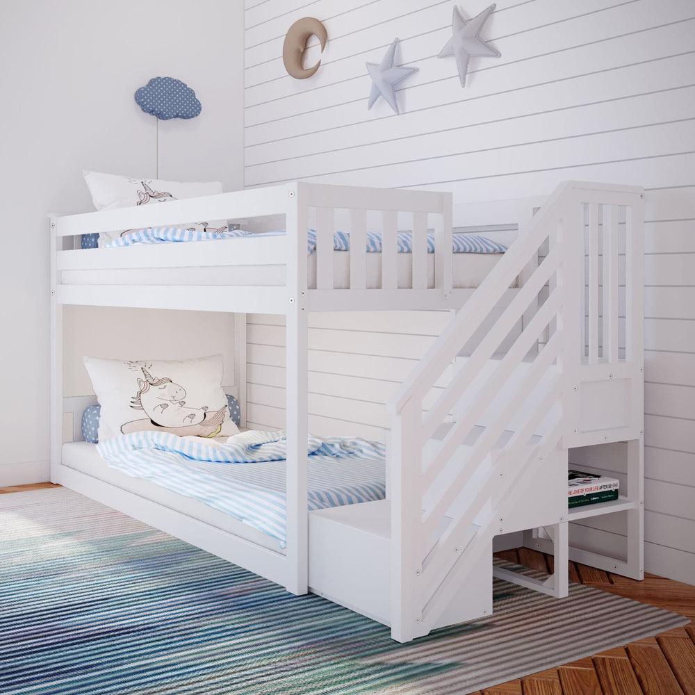 Max and Lily Twin Over Twin Low Bunk Bed with Staircase - Pecan - MadeInUSA