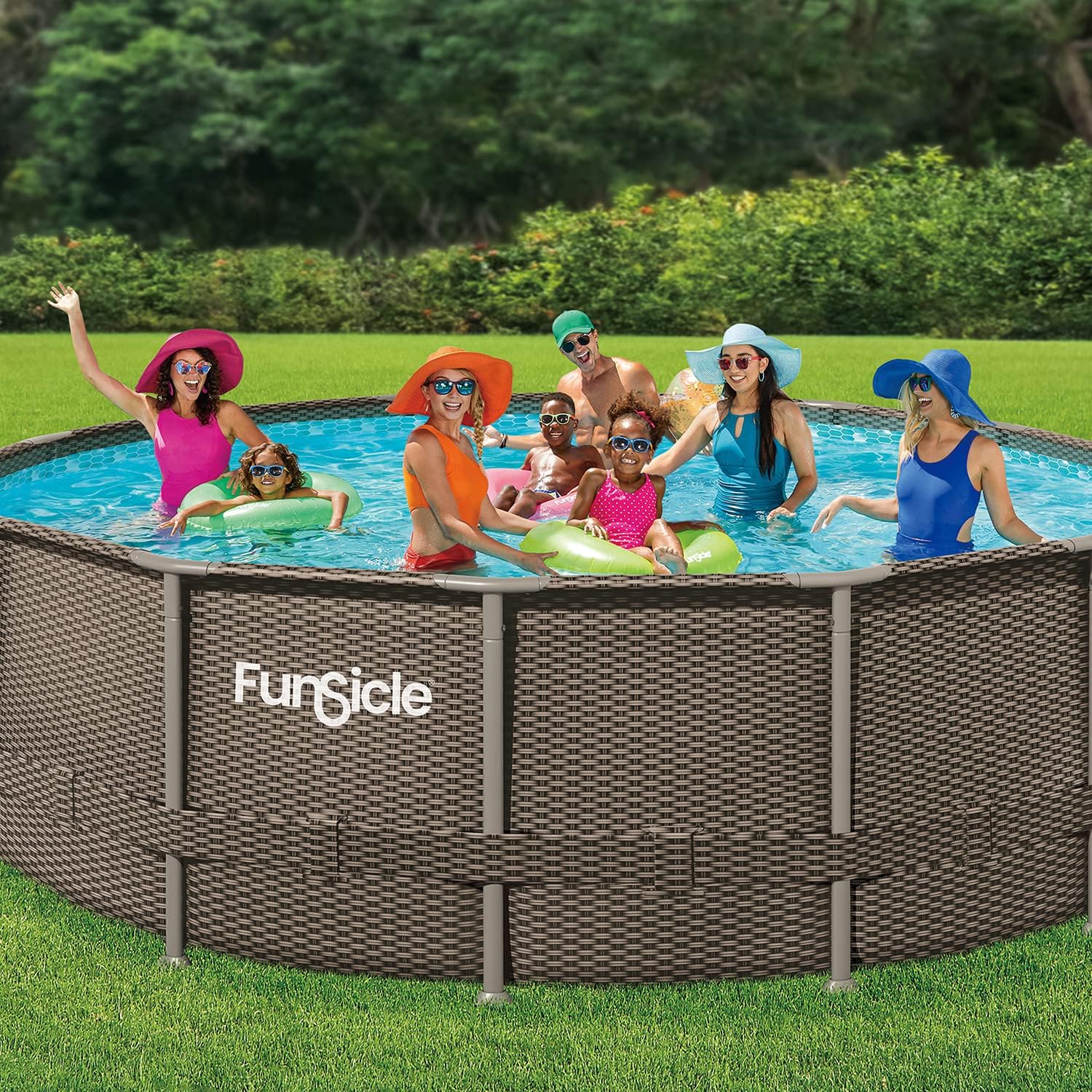 Funsicle 16ft x 48in Round Oasis Designer Above Ground Pool. Dark Double Rattan with SkimmerPlus Filter Pump & Ladder - MadeInUSA