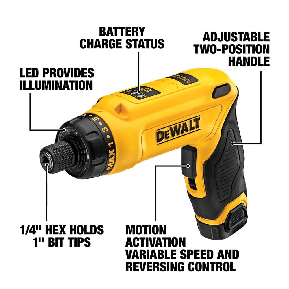8V MAX Cordless Gyroscopic Screwdriver with Adjustable Handle. (2) 1.0Ah Batteries. Charger. and Bag DCF680N2
