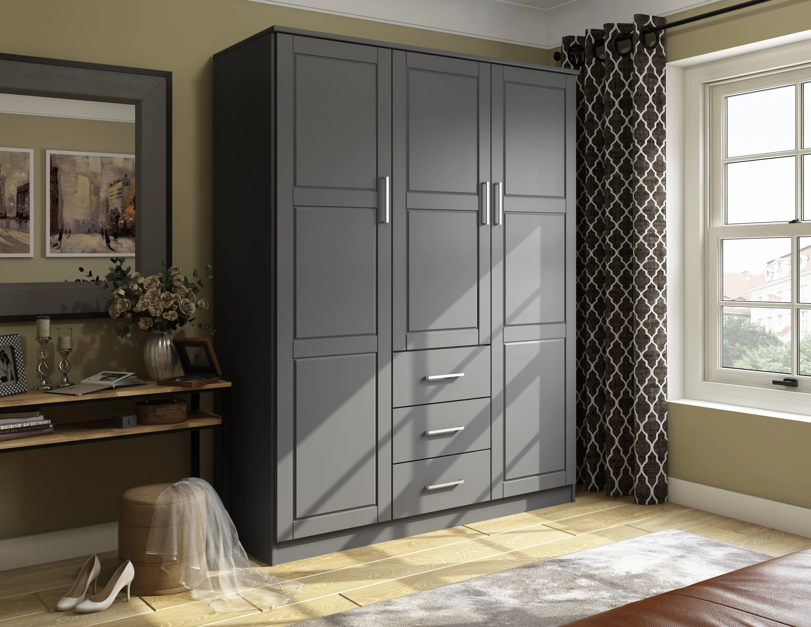 100% Solid Wood Cosmo 3-Door Wardrobe with Raised Panel Doors. Gray - Palace Imports 7115D - MadeInUSA