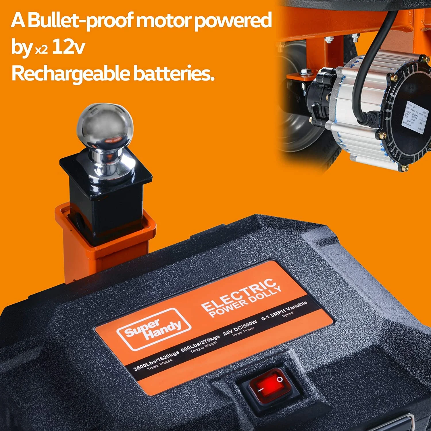 SuperHandy Electric Trailer Dolly - 2800 lbs. Towing Capacity. Self-Propelled. 24V 7Ah AGM Battery System - MadeInUSA