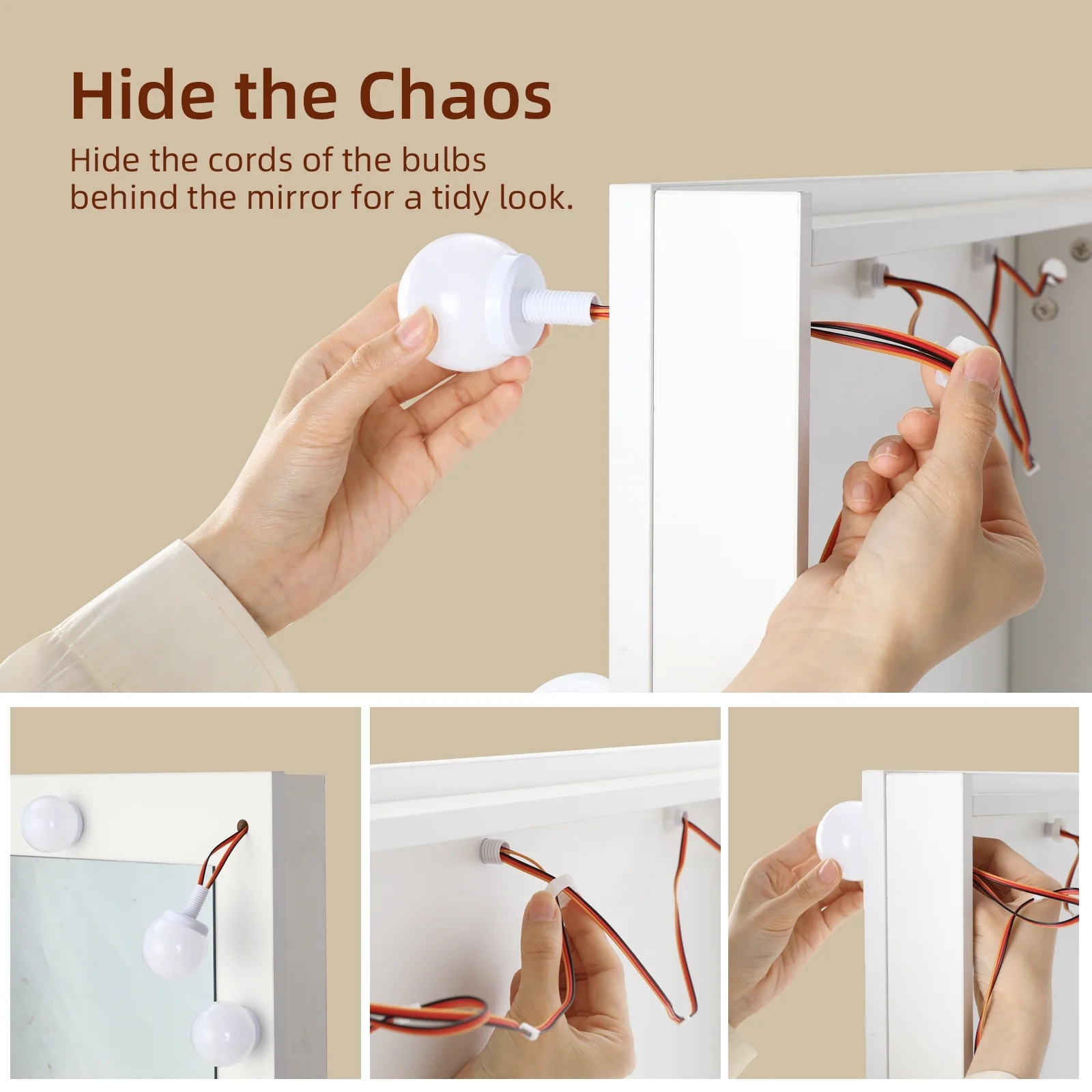 RichYa Modern Vanity Desk Makeup Table with Large LED Mirror and Power Outlet with 2 Sliding Storage White Marble - MadeInUSA