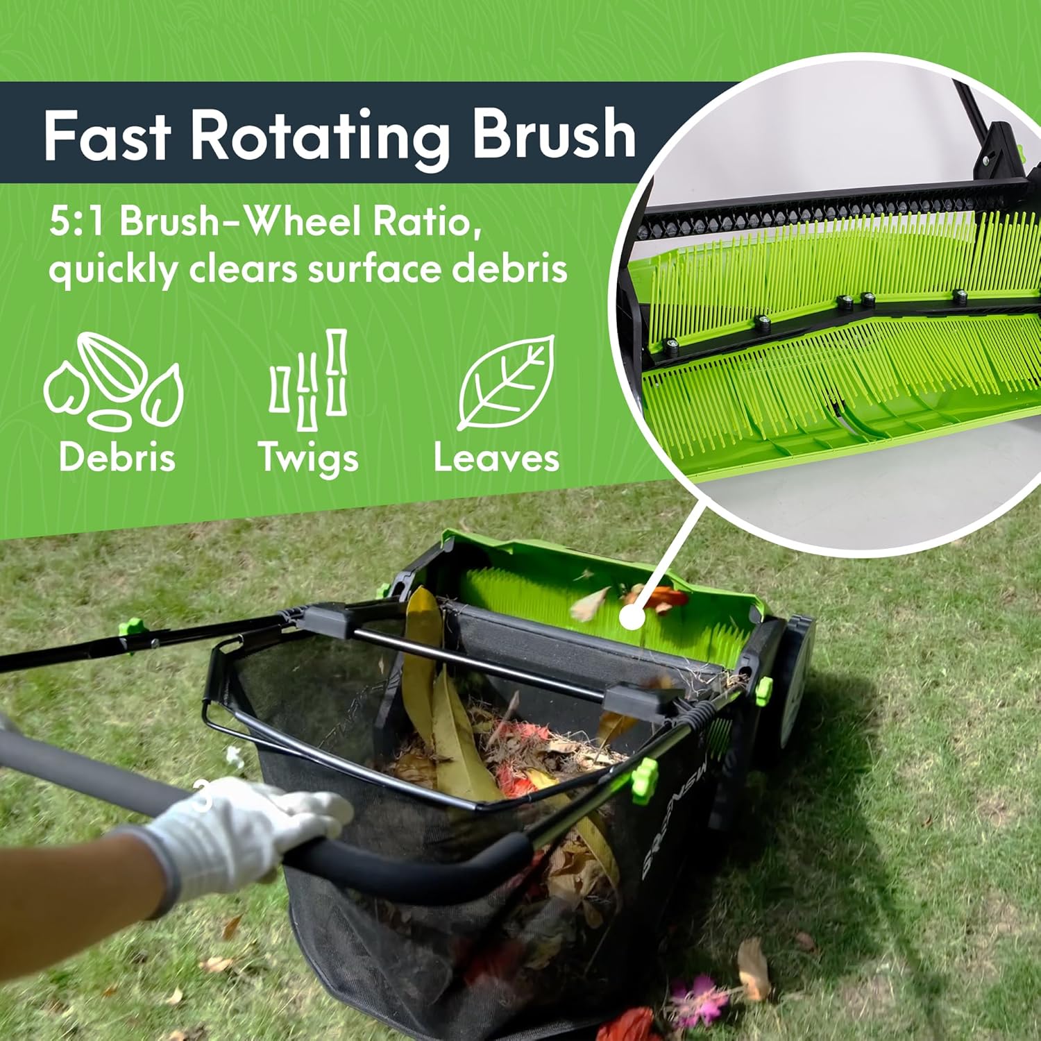 GreenSweep Pickup Pro Garden Sweeper - Manual Leaf & Grass Push Lawn Sweeper