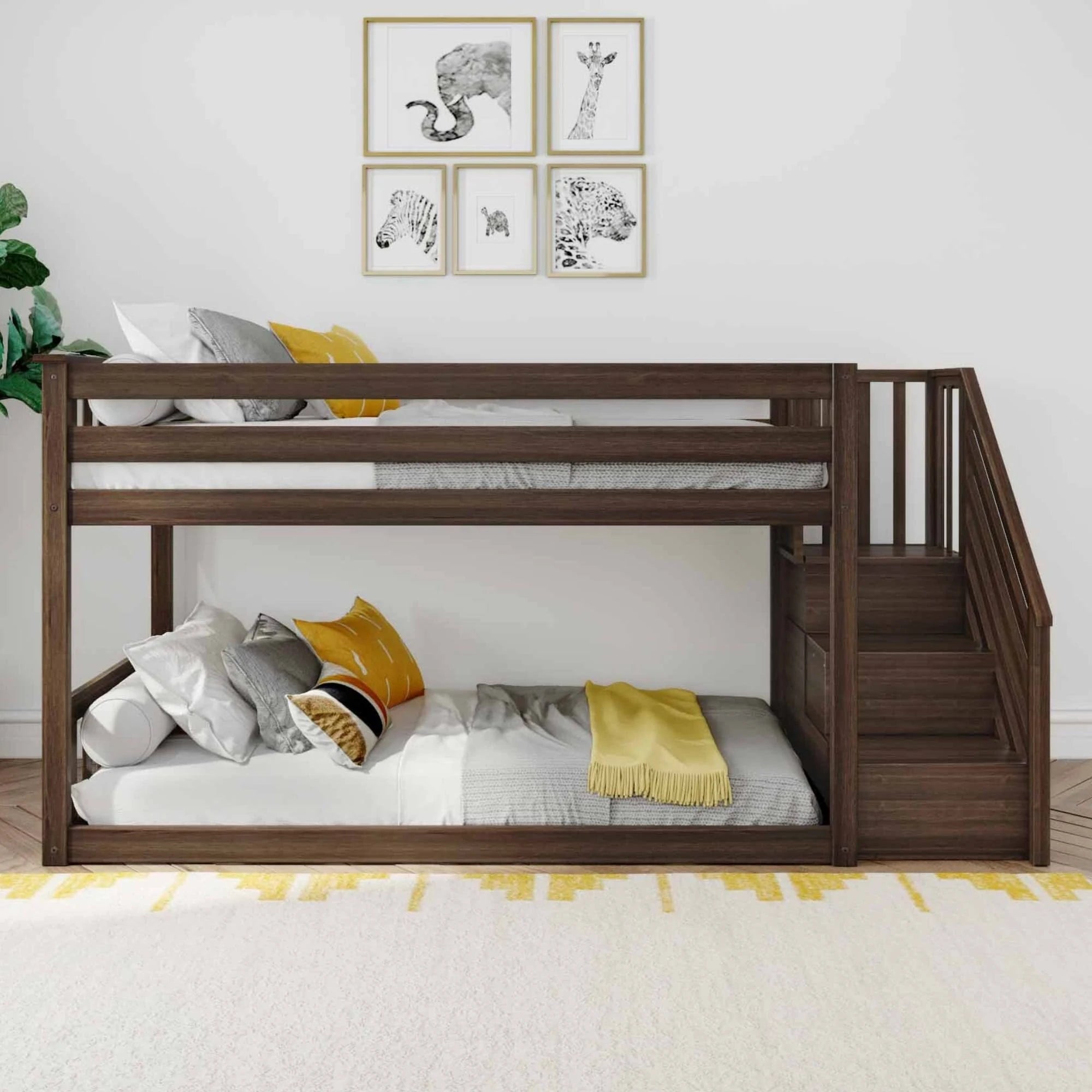 Max and Lily Twin Over Twin Low Bunk Bed with Staircase - Pecan - MadeInUSA