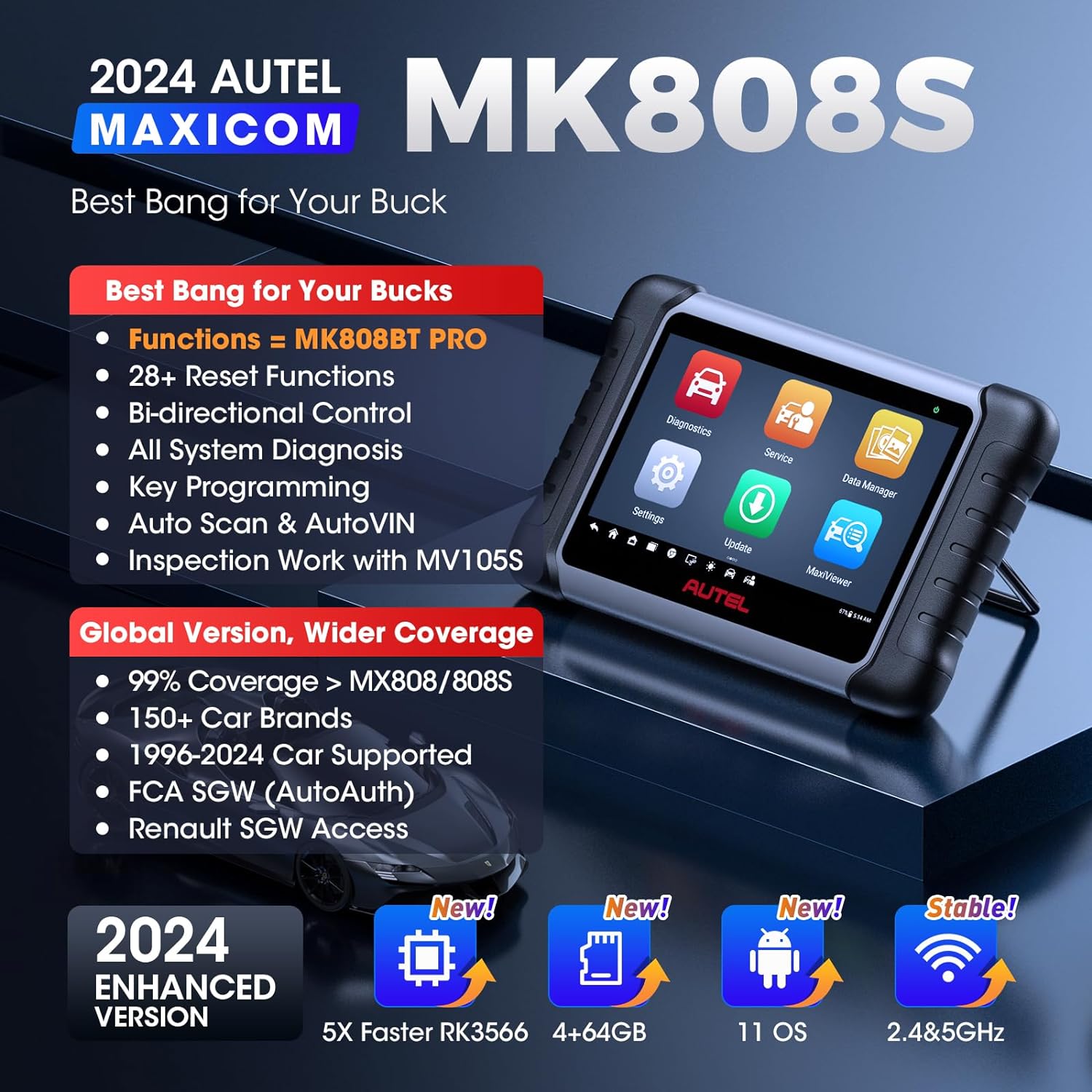 2025 Bidirectional Tool as MK808BT Pro MX808S M808Z. Function as MaxiCheck MX900. 28+ Service. Active Test. All System Diagnose. Injector Coding. FCA Autoauth Android 11