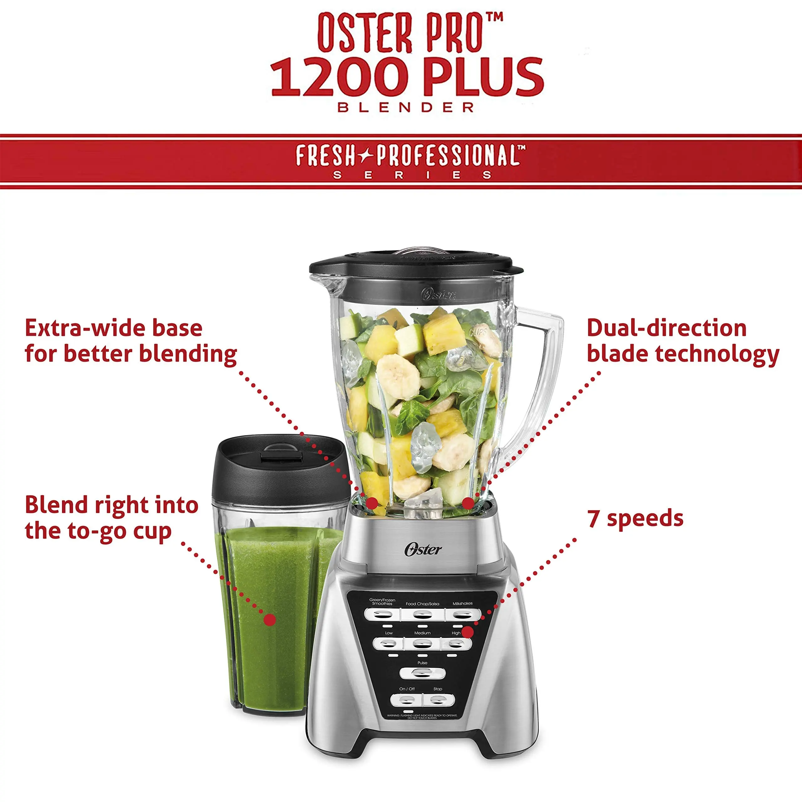 Oster Blender | Pro 1200 with Glass Jar. 24-Ounce Smoothie Cup. Brushed Nickel