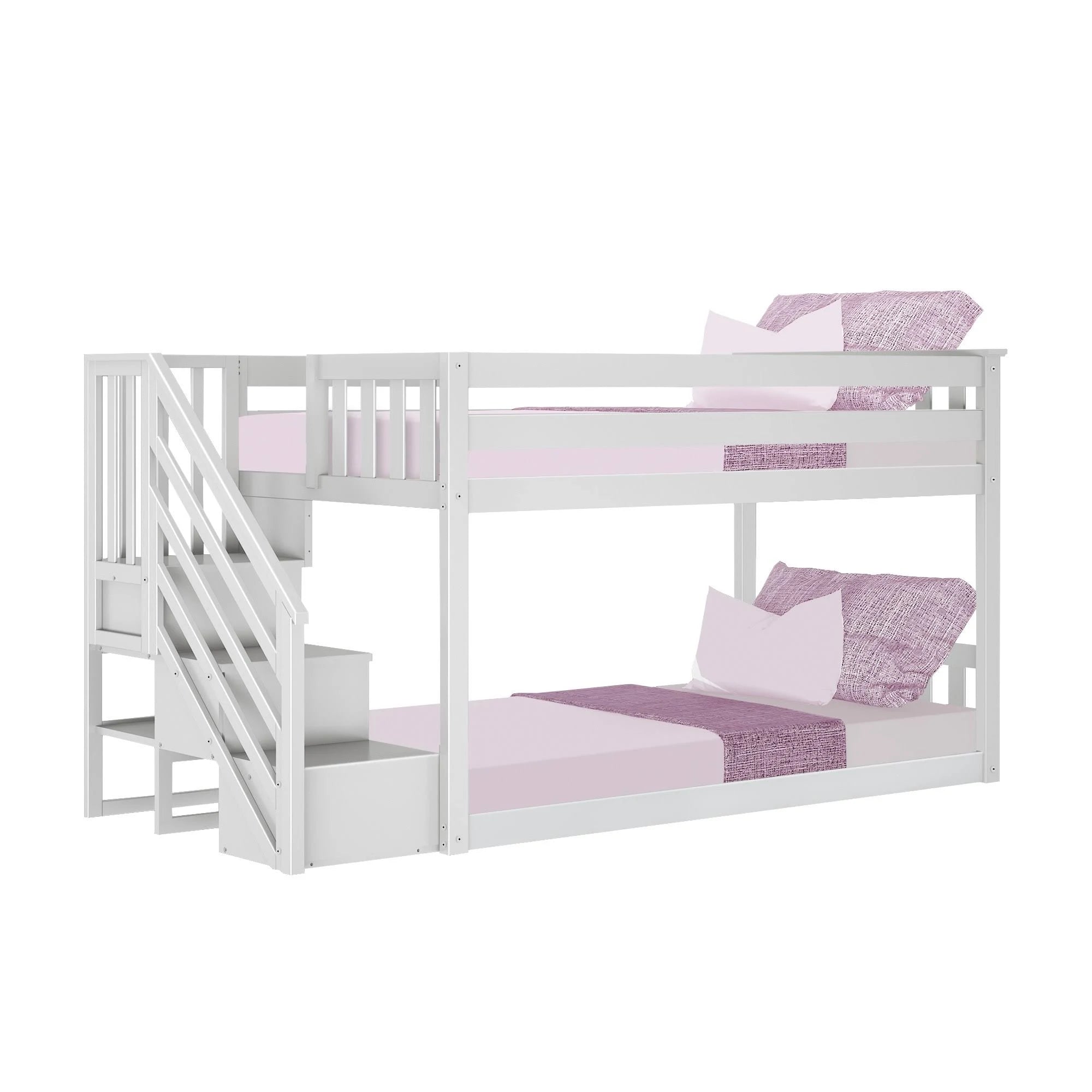 Max and Lily Twin Over Twin Low Bunk Bed with Staircase - Pecan - MadeInUSA