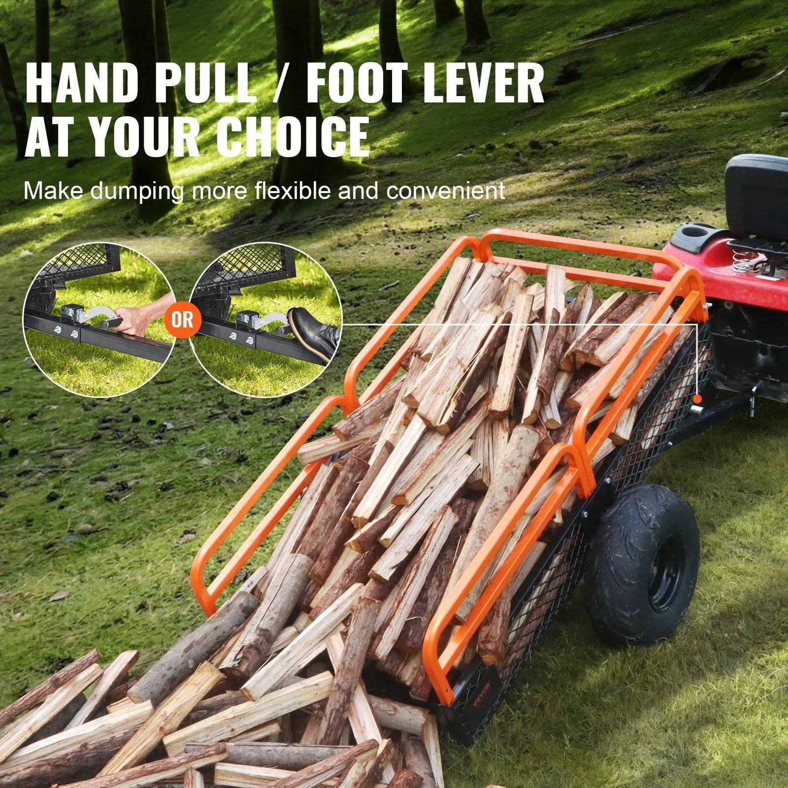 VEVOR Heavy Duty Steel ATV Dump Trailer. 1500-Pound Load Capacity 15 Cubic Feet. Tow Behind Dump Cart Garden Trailer. with Removable Sides and 2 - MadeInUSA