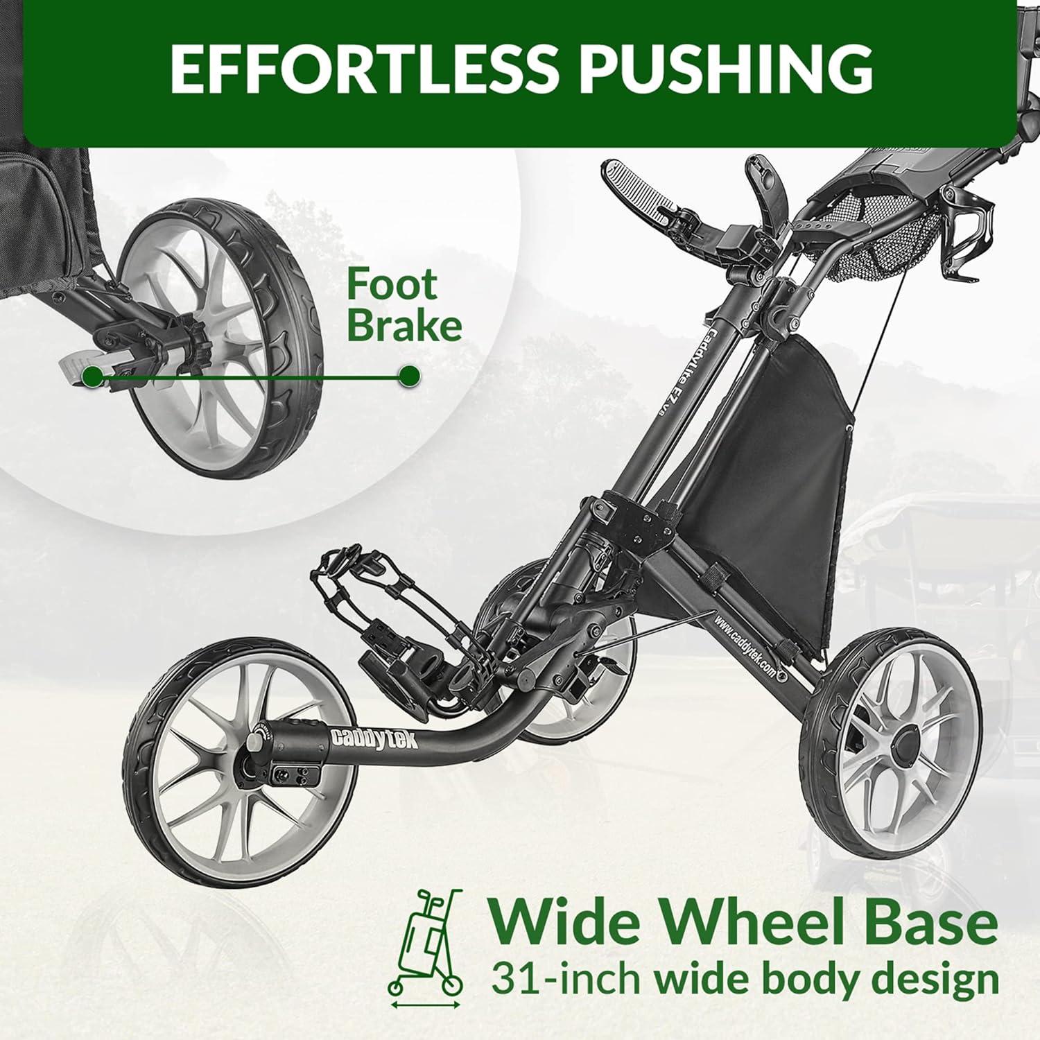 3Wheel Golf Push Cart - Golf Trolley Foldable Collapsible Lightweight Pushcart with Foot Brake - Easy to Open & Close