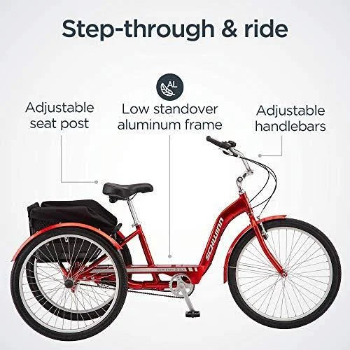 Schwinn Meridian Deluxe Adult Tricycle Bike. Three Wheel Cruiser. 26-inch Wheels. Low Step-Through Aluminum Frame. Adjustable Handlebars. Large - MadeInUSA